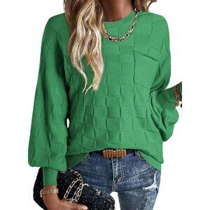 Women's Casual Crewneck Long Sleeve Lightweight Checkered Knit Pullover Sweater